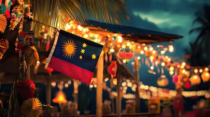 The Malaysia flag displayed at an outdoor festival, surrounded by vibrant decorations