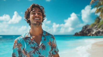 Smiling man in tropical shirt enjoying sunny walk on the beach