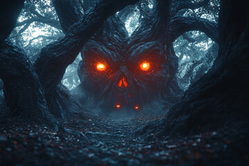 Wall Mural - a haunted forest with twisted trees and glowing red eyes peering from the darkness creates an ominou