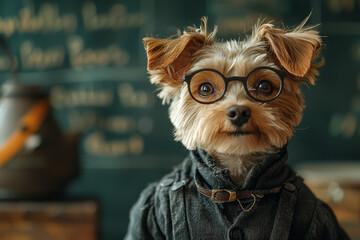 Poster - A dog dressed as a teacher in front of a chaotic classroom shows the challenges of education. Concept of animals in human roles.