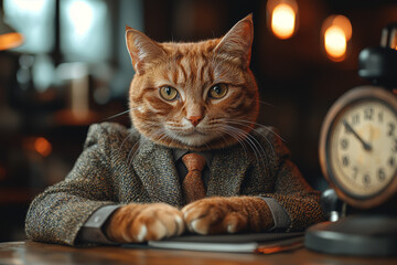 Poster - a cat wearing a business suit sits at a desk, symbolizing the pressures of daily work. concept of an
