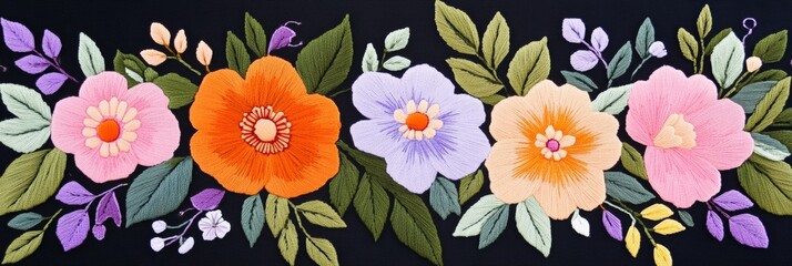 Poster - Embroidered Scandinavian floral pattern featuring colorful flowers and intricate leaf designs on a dark background