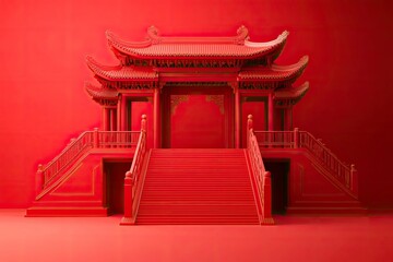 Chinese temple gate with staircases and copyspace. 3d element isolated on red background. Suitable for Asian or Chinese culture decoration with generative ai