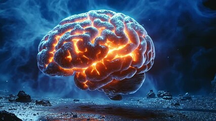 Poster - A glowing brain surrounded by vibrant blue and orange energy in a surreal landscape