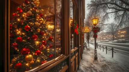 Wall Mural - christmas decorations and lights in a cozy storefront window. christmas shopping. ai generated image