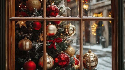 Wall Mural - christmas decorations and lights in a cozy storefront window. christmas shopping. ai generated image