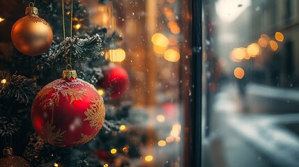 Wall Mural - christmas decorations and lights in a cozy storefront window. christmas shopping. ai generated image