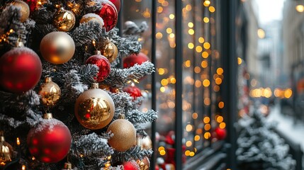 Wall Mural - christmas decorations and lights in a cozy storefront window. christmas shopping. ai generated image