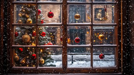 Wall Mural - christmas decorations and lights in a cozy storefront window. christmas shopping. ai generated image