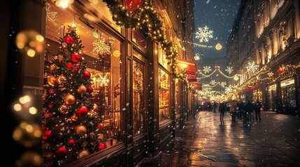 Wall Mural - christmas decorations and lights in a cozy storefront window. christmas shopping. ai generated image