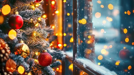 Wall Mural - christmas decorations and lights in a cozy storefront window. christmas shopping. ai generated image