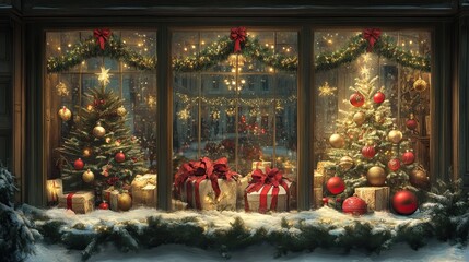 Wall Mural - christmas decorations and lights in a cozy storefront window. christmas shopping. ai generated image