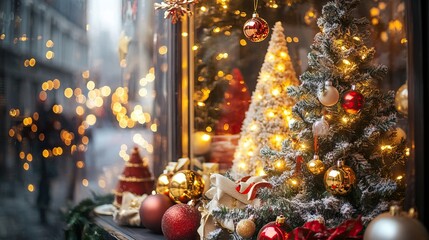 Wall Mural - christmas decorations and lights in a cozy storefront window. christmas shopping. ai generated image