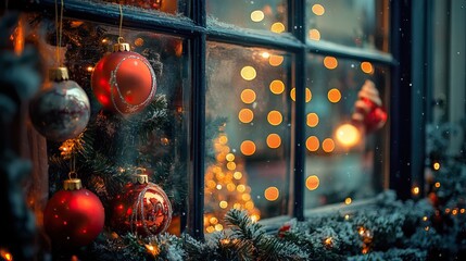 Wall Mural - christmas decorations and lights in a cozy storefront window. christmas shopping. ai generated image