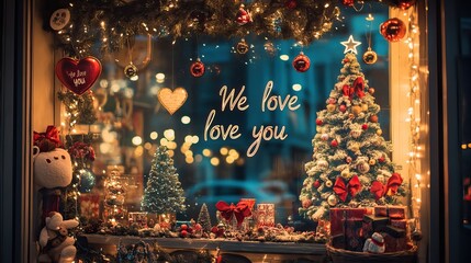 Wall Mural - christmas decorations and lights in a cozy storefront window. christmas shopping. ai generated image