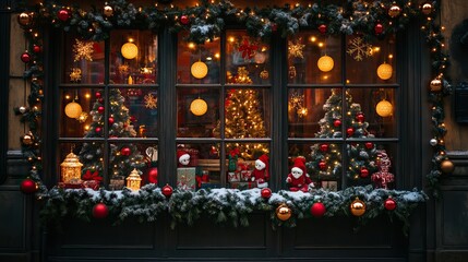 Wall Mural - christmas decorations and lights in a cozy storefront window. christmas shopping. ai generated image