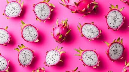 Poster - colorful dragon fruit slices arranged on a bright pink background showcasing vibrant colors and text