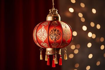 A beautifully crafted red lantern with intricate gold patterns, elegantly illuminated against a blurred background of soft lights, creating a warm and festive atmosphere.