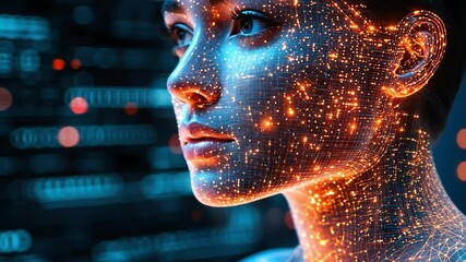 Poster - A woman with glowing digital patterns illuminates her face in a technology-driven setting at night