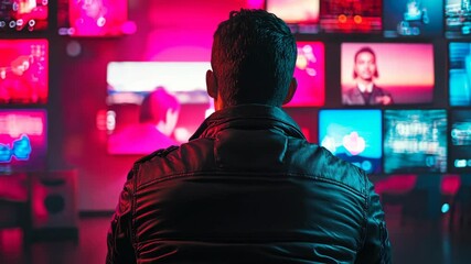 Poster - A person in a black leather jacket stands in front of a wall of screens displaying various colorful images
