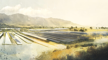 Poster - A conceptual illustration of a large scale solar panel farm project, with rows of photovoltaic panels spread across an open field, depicted as an project sketch