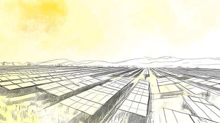 Poster - A conceptual illustration of a large scale solar panel farm project, with rows of photovoltaic panels spread across an open field, depicted as an project sketch