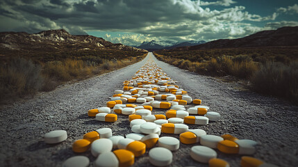 Poster - A conceptual image depicting the journey of overcoming drug and opioid addiction, symbolizing the struggle and success of becoming free from the grip of prescription pills and substance abuse
