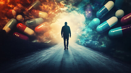 Aufkleber - a conceptual image depicting the journey of overcoming drug and opioid addiction, symbolizing the st