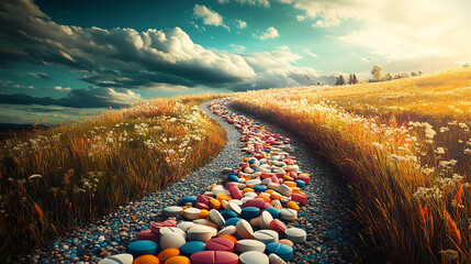 Poster - A conceptual image depicting the journey of overcoming drug and opioid addiction, symbolizing the struggle and success of becoming free from the grip of prescription pills and substance abuse