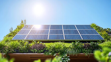 Aufkleber - A modern ecofriendly green roof covered in lush vegetation and interspersed with efficient solar panels harnessing sustainable energy under a clear blue sky