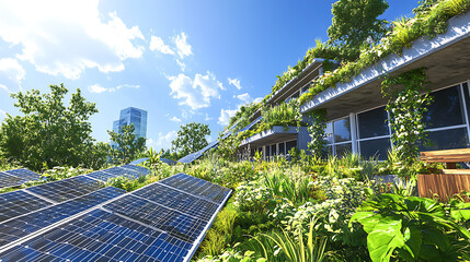 Aufkleber - A modern ecofriendly green roof covered in lush vegetation and interspersed with efficient solar panels harnessing sustainable energy under a clear blue sky