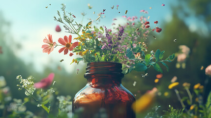 Aufkleber - A vibrant explosion of herbs and flowers emerging from an apothecary bottle, The botanical ingredients symbolize natural health and wellness, emphasizing the power of nature in promoting wellbeing