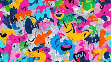 Poster - A vibrant, seamless pattern of colorful graffiti art layered on a weathered concrete wall, showcasing urban street art