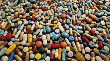 Aufkleber - An array of multicolored pharmaceutical pills and capsules, including opioids, vitamins, and a variety of medicines, scattered across a surface, representing healthcare and medication diversity