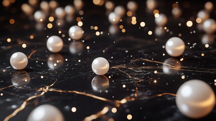 Poster - Elegant arrangement of luminous pearls scattered on a dark marble surface with golden veining at night