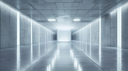 Poster - Clandestine massive hangar sized underground research lab, all white and concrete and chromed surfaces, hyperrealistic science fiction
