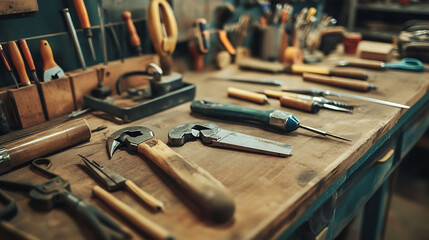 Poster - DIY workshop table with tools for crafting and woodworking
