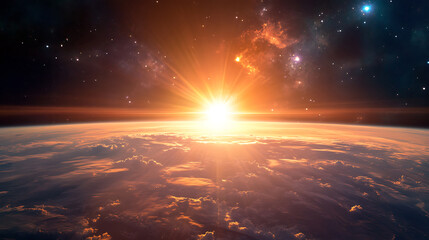 Poster - Dark sky background, Sunrise in space, Sunrise with rays and lens flare