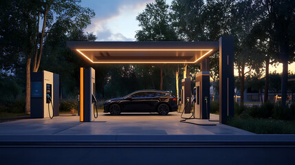 Poster - EV charging, Electric vehicle charging station representing environmentally friendly energy and sustainable power sourced to supply the station, with the goal of decreasing CO2 emissions