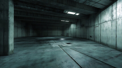Poster - Dark underground warehouse, empty concrete garage with gray walls