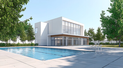 Poster - Exterior of modern minimalist cubic villa with swimming pool
