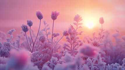 Aufkleber - Frozen icy flowers in winter, Frost-covered wildflowers in winter field on the evening or morning