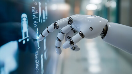 Aufkleber - Hand of robot using over the interface virtual screen to check status and control automation robotics arms machine in intelligent factory industrial with icon flow and data exchange in manufacturing