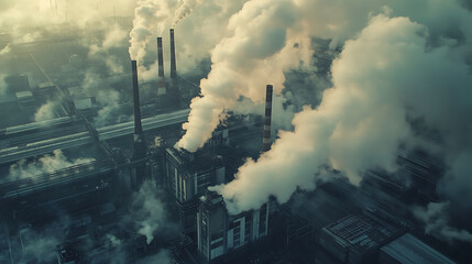 Poster - industrial power plant with thick co2 smoke from chimney, pollution and carbon dioxide emissions foo