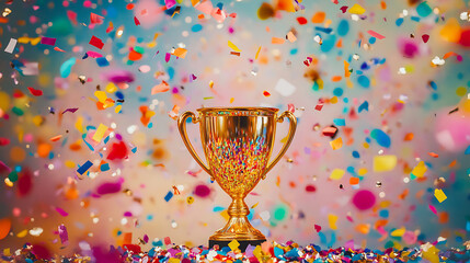 Poster - A gleaming gold winners trophy cup takes center stage, surrounded by a festive explosion of colorful celebration confetti and sparkling glitter, symbolizing victory and success in a competition