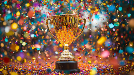 Aufkleber - A gleaming gold winners trophy cup takes center stage, surrounded by a festive explosion of colorful celebration confetti and sparkling glitter, symbolizing victory and success in a competition