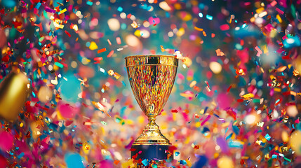 Aufkleber - A gleaming gold winners trophy cup takes center stage, surrounded by a festive explosion of colorful celebration confetti and sparkling glitter, symbolizing victory and success in a competition