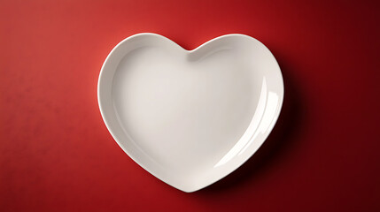 Poster - A heart shaped white plate on a red background