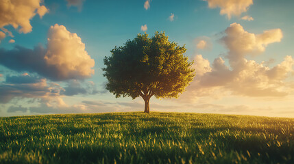 Poster - A lonely tree surrounded by lush green grass under the warm glow of a cloud-filled sunset sky
