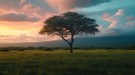 Poster - A lonely tree surrounded by lush green grass under the warm glow of a cloud-filled sunset sky